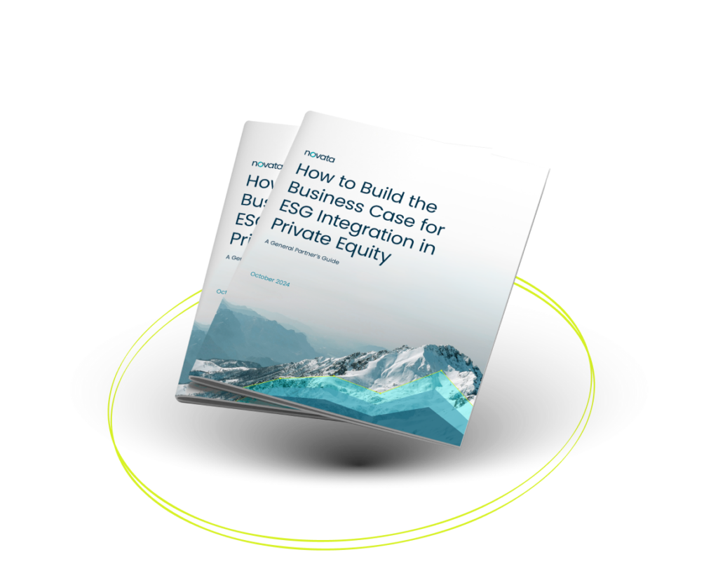 Image of eBook cover with mountain graphic and Novata logo. Text reads How to Build the Business Case for ESG Integration in Private Equity. October 2024