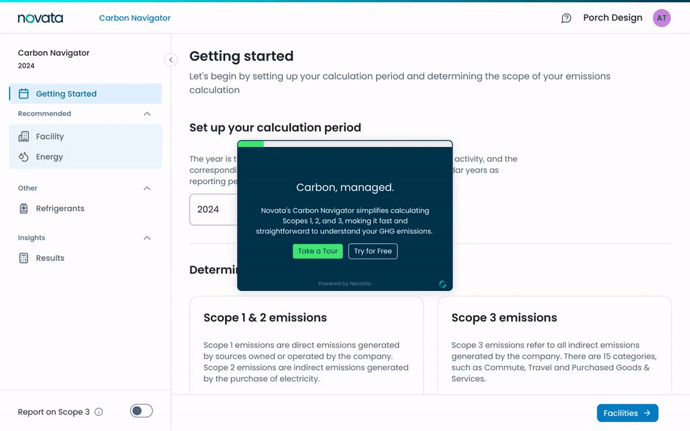An animated GIF that showcases screenshots of Novata Carbon Navigator’s interface. A pop-up window in the center encourages users to take an interactive tour.