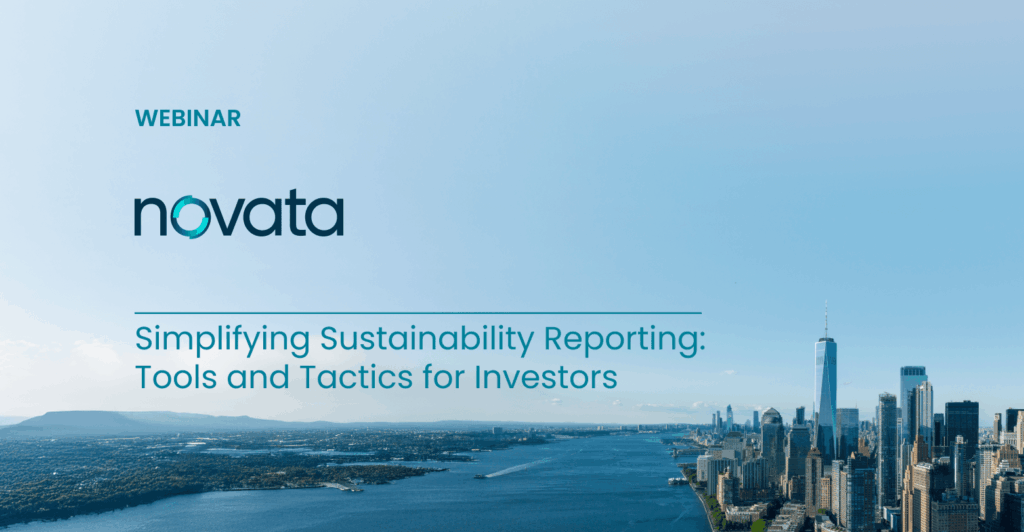Image of NYC skyline with Novata logo and text promoting on-demand webinar: Simplifying Sustainability Reporting: Tools and Tactics for Investors